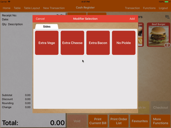 pos system menu gesture ipad modifier swipe down view price settings