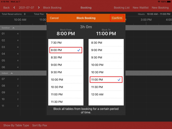 select start and end time of block booking