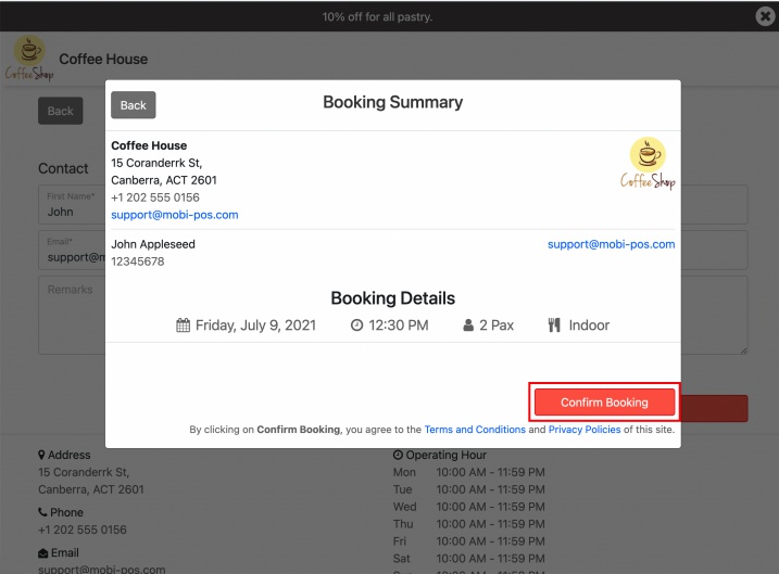 online reservation booking summary confirmation