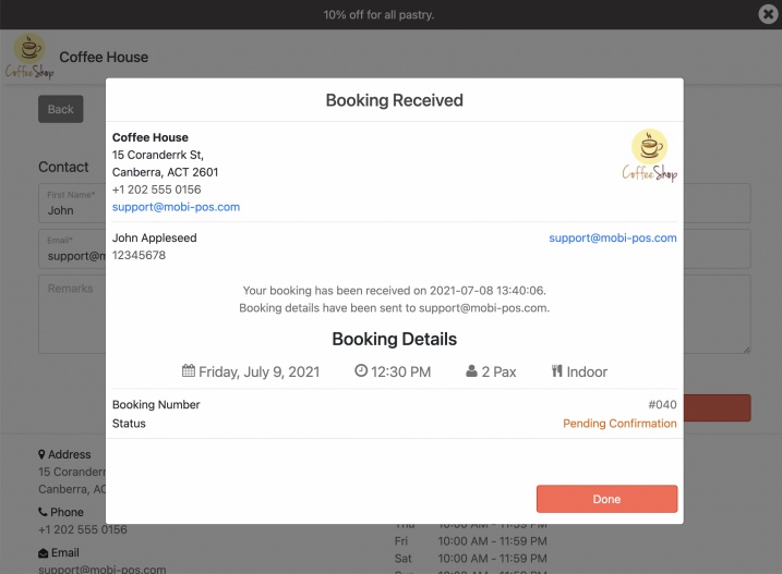online booking received page