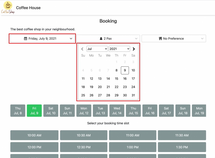 online reservation select booking date