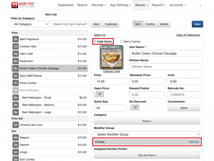 mobi pos menu linking modifier group not matched example cafe demo