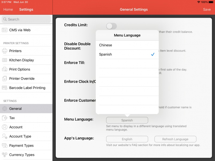 pos system change app menu language