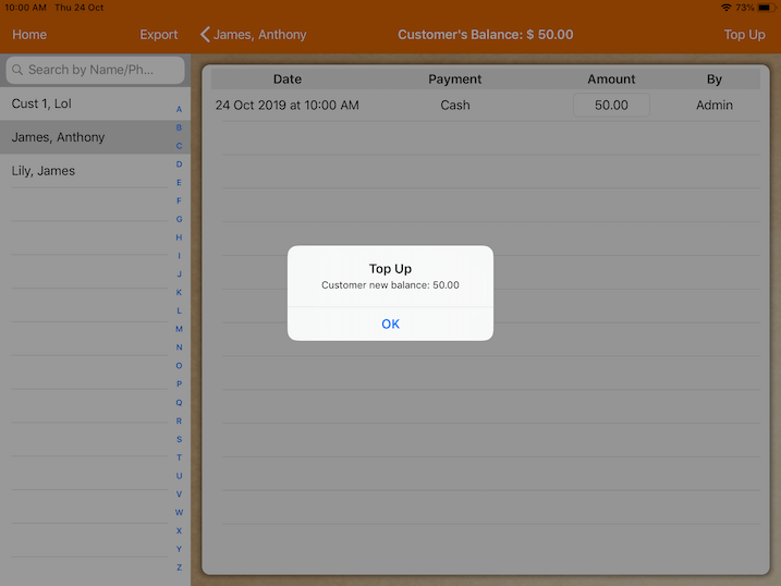 pos system customer top up new account balance message