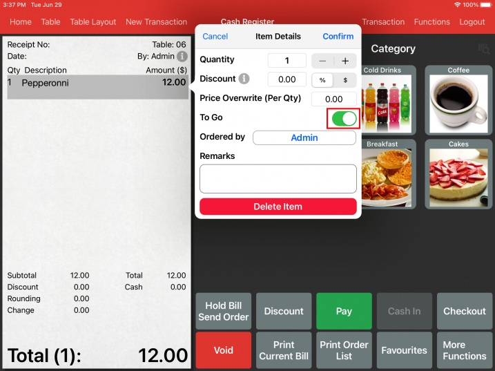 pos system select to go order in table