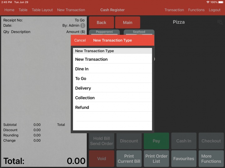 pos system select transaction type before ordering