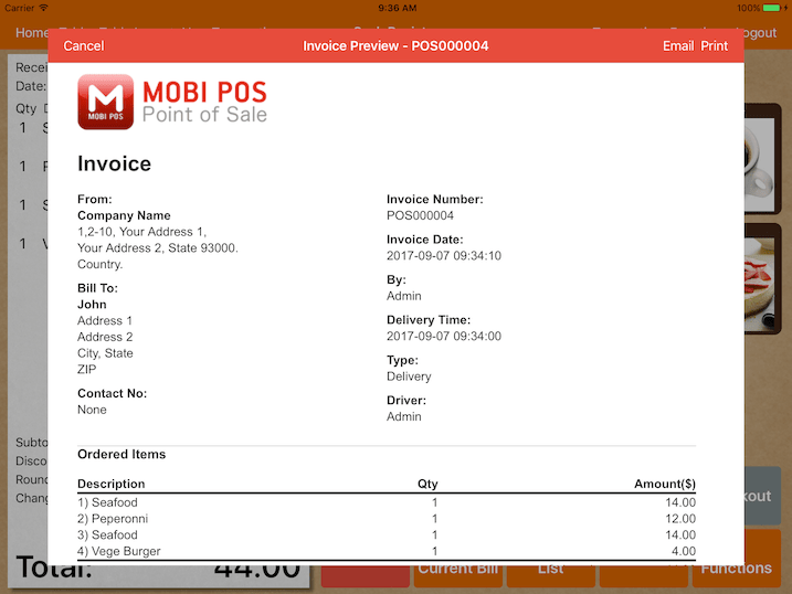 mobipos generate invoice print email