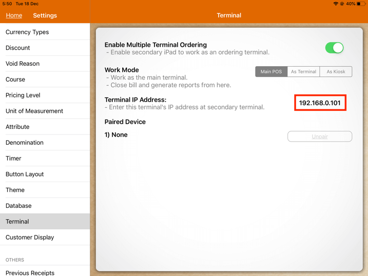 pos system main terminal ip address settings