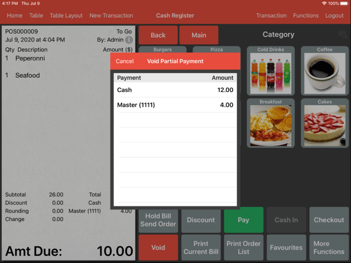 Mobi pos partial payment void particular payment screen