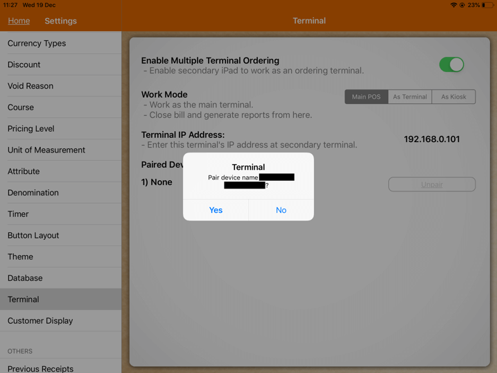 pos system terminal pairing alert pair device settings