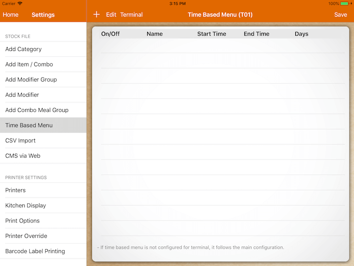 pos system time based menu terminal empty menu settings