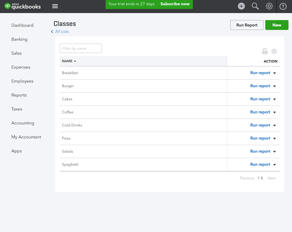 pos system QuickBooks classes list settings