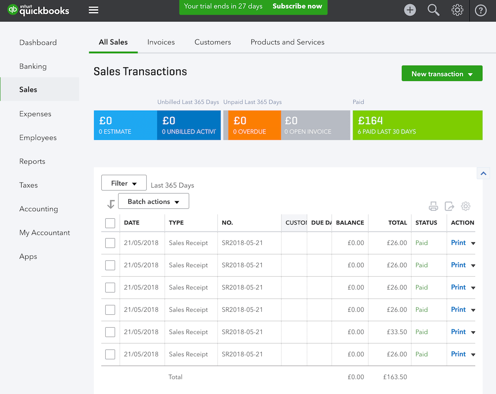 pos system QuickBooks sales receipt list settings